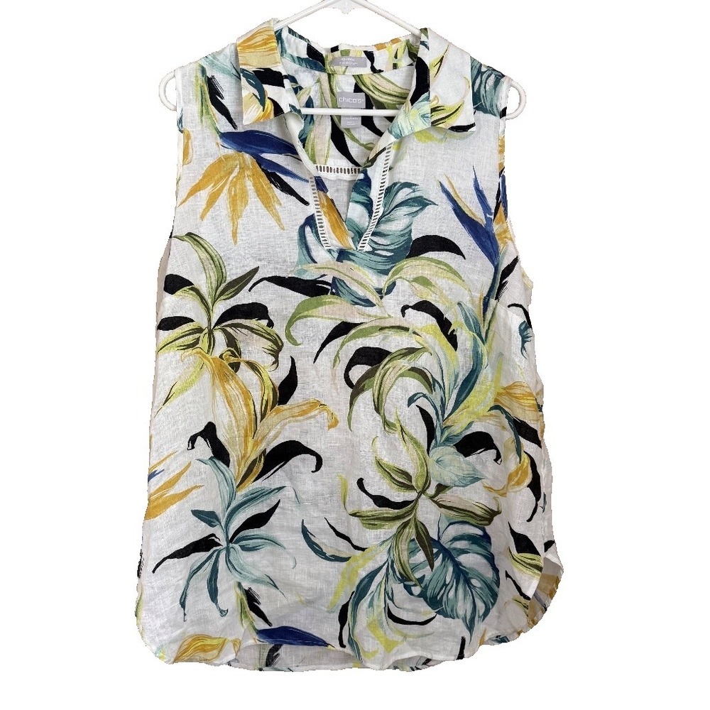 Chicos 2 No-Iron Linen Tropical Sleeveless‎ Top 12/14 Fresh Chic Coastal Resort